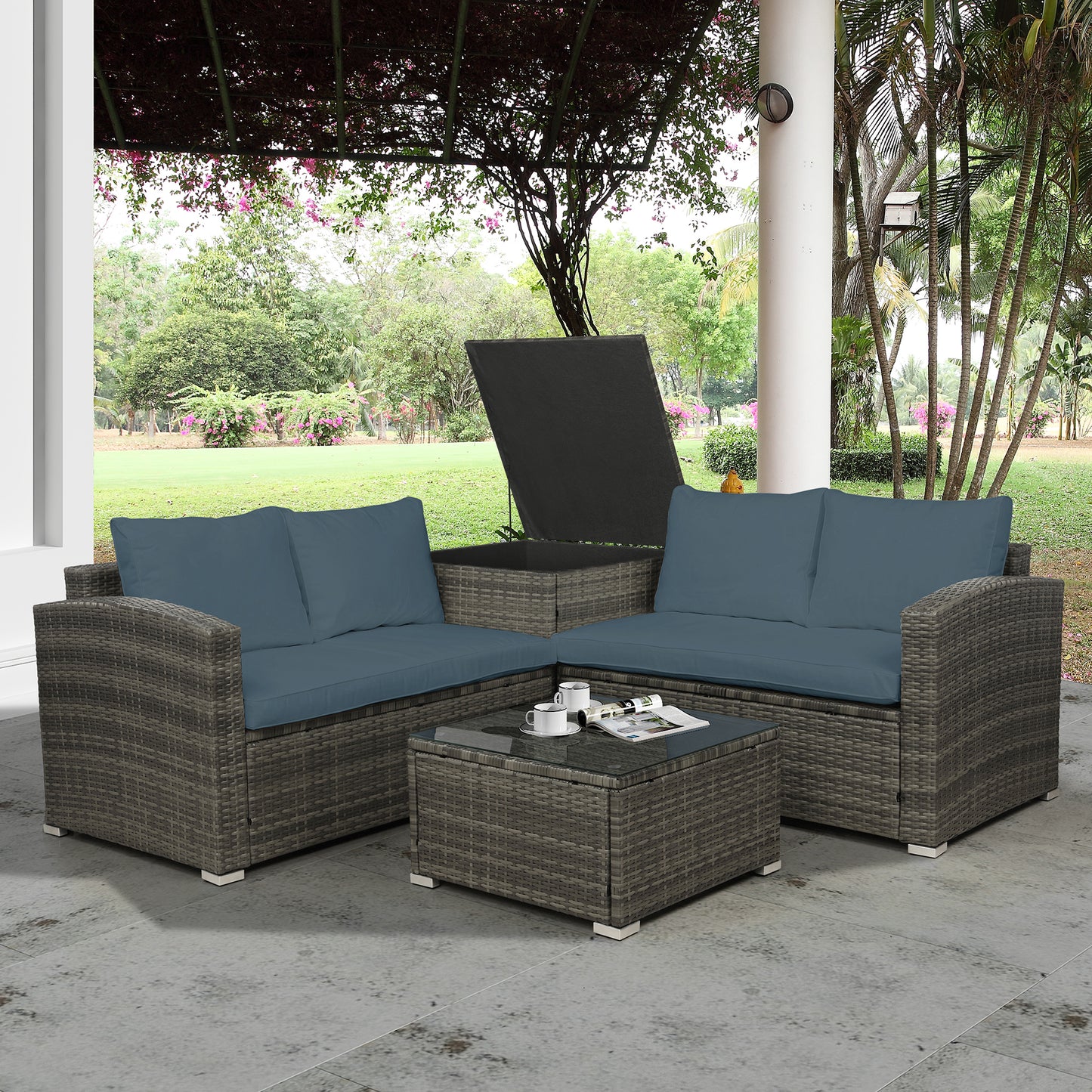 4 PCS Outdoor Cushioned PE Rattan Wicker Sectional Sofa Set Garden Patio Furniture Set (Gray Cushion)