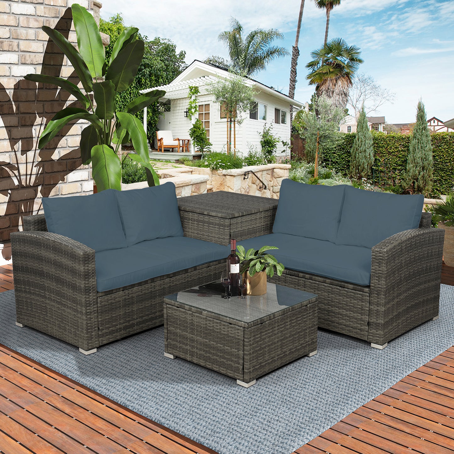 4 PCS Outdoor Cushioned PE Rattan Wicker Sectional Sofa Set Garden Patio Furniture Set (Gray Cushion)