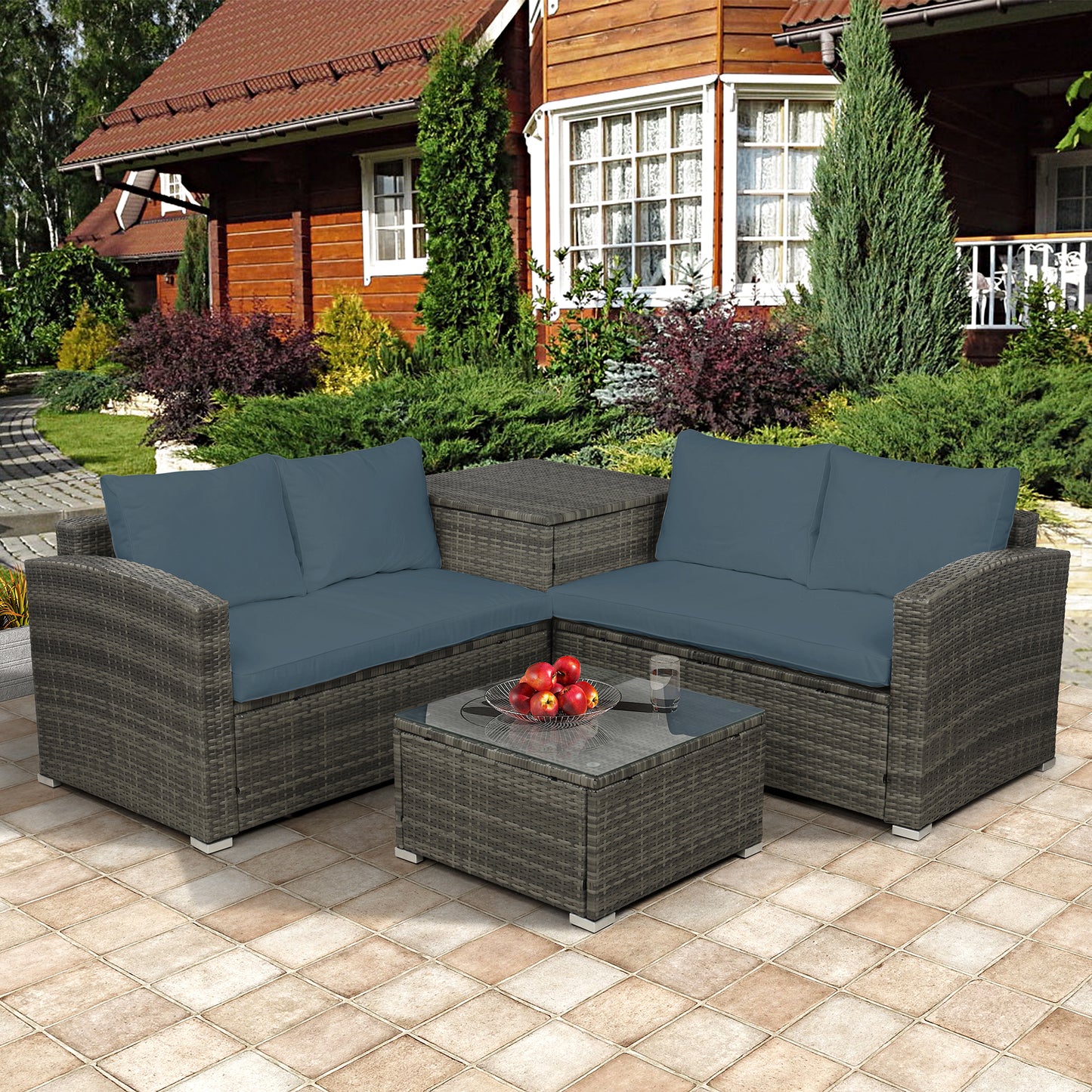 4 PCS Outdoor Cushioned PE Rattan Wicker Sectional Sofa Set Garden Patio Furniture Set (Gray Cushion)