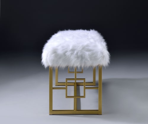 Bagley II Bench in White Faux Fur & Gold 96451