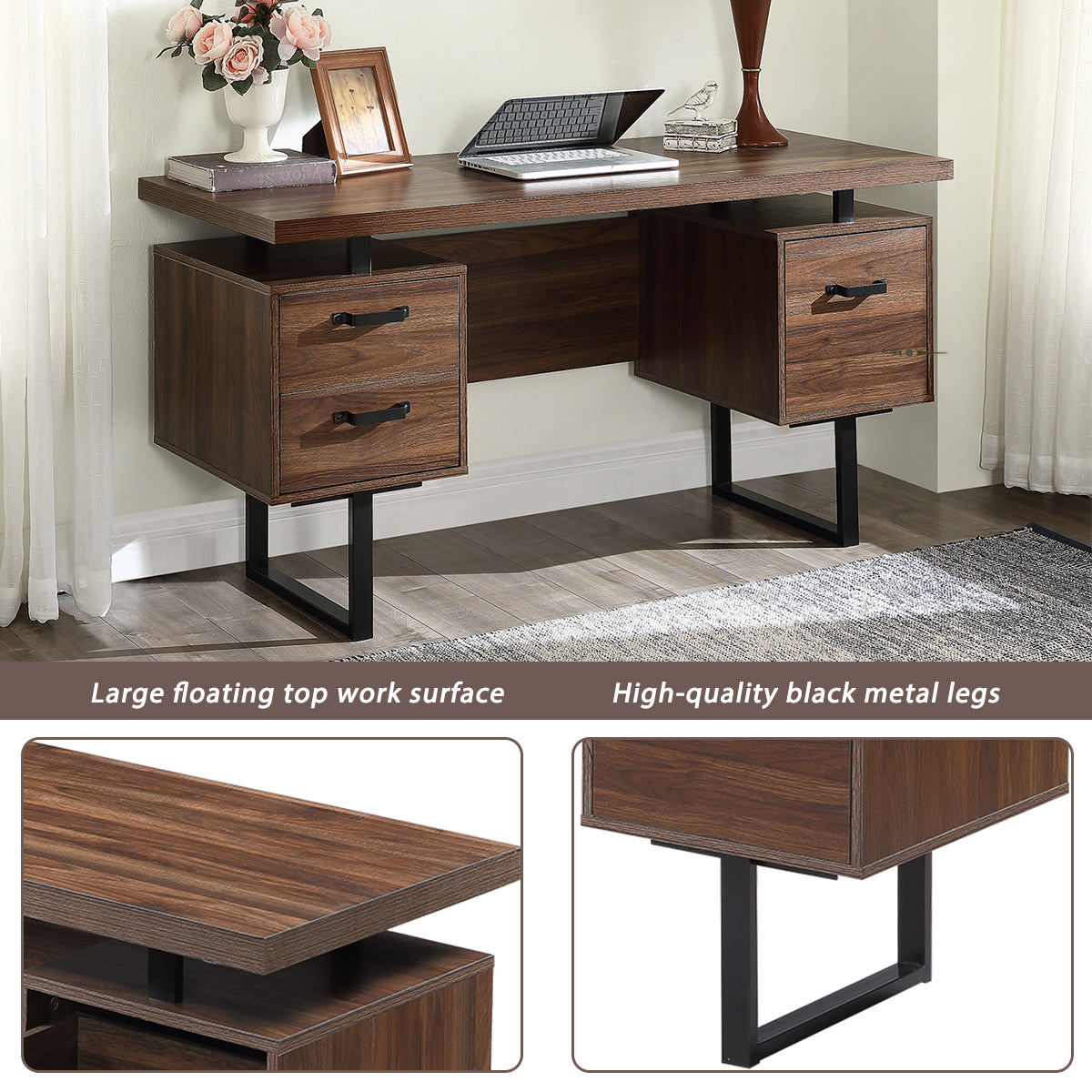 Home Office Computer Desk with drawers/hanging letter-size files/59 inch Writing Study Table with Drawers