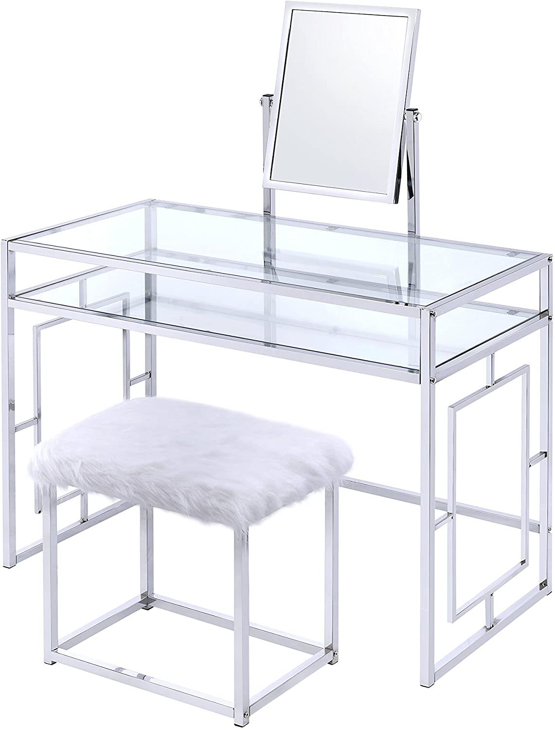 Carenze II Curio Cabinet in White Faux Fur & Chrome 90314