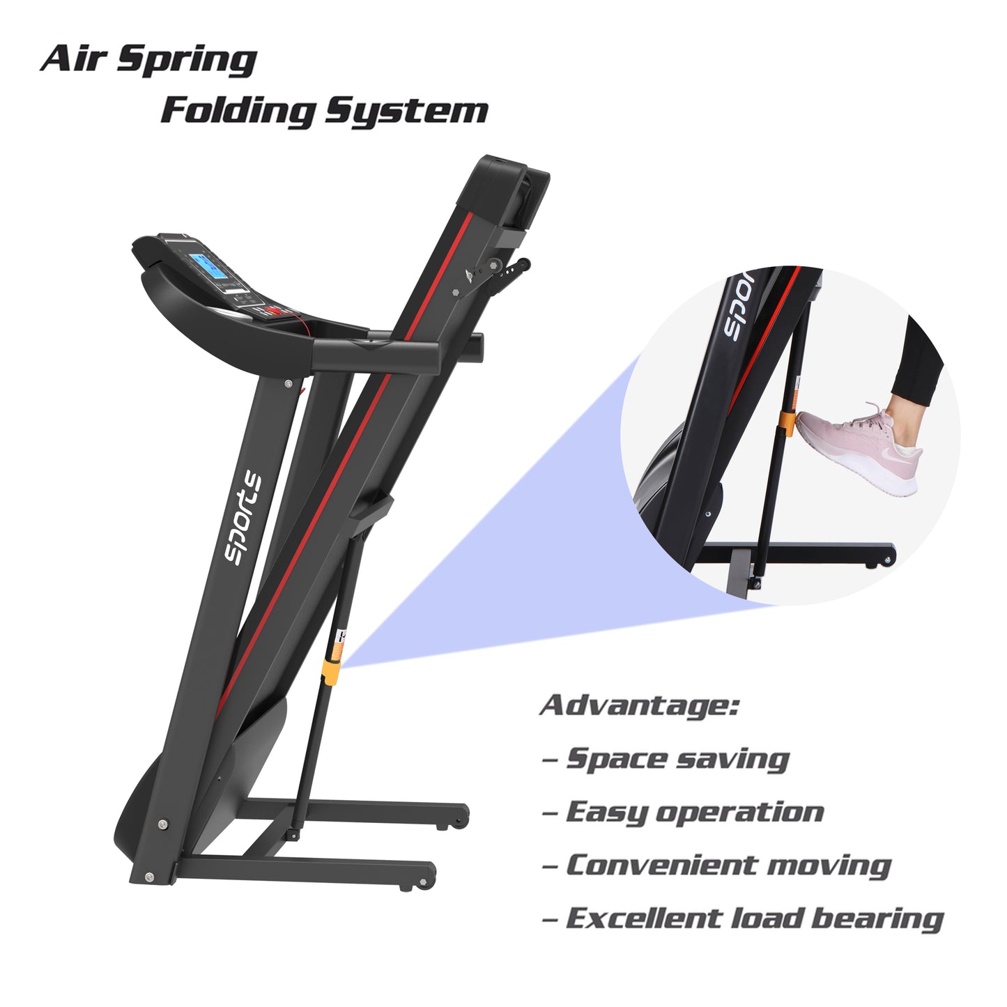 Folding Treadmill, Smart Motorized Treadmill with Manual Incline and Air Spring  MP3, Exercise Running Machine with 5& LCD Display for Home Use