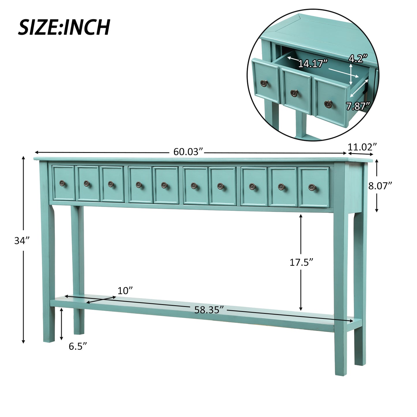 Rustic Entryway Console Table,  Long Sofa Table with two Different Size Drawers and Bottom Shelf for Storage (Blue)