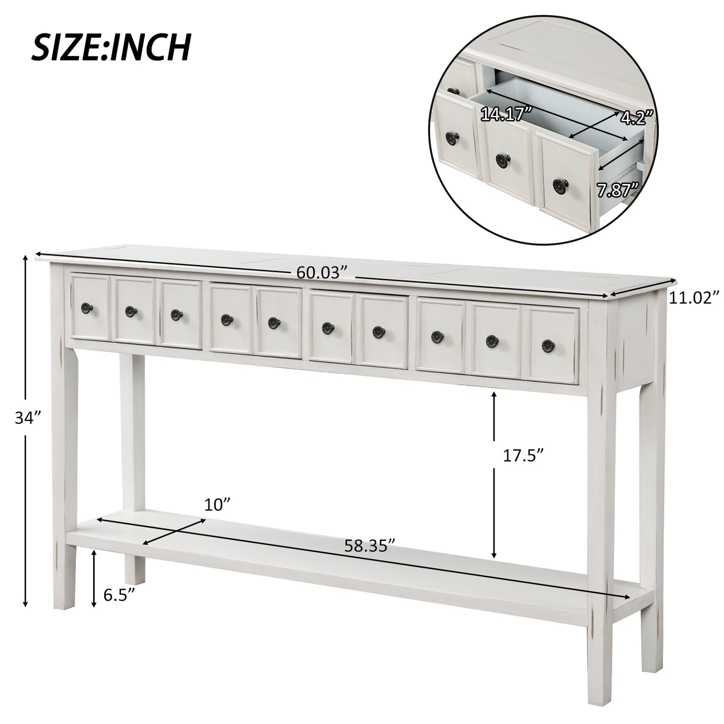 Rustic Entryway Console Table,  Long with two Different Size Drawers and Bottom Shelf for Storage (Antique White)