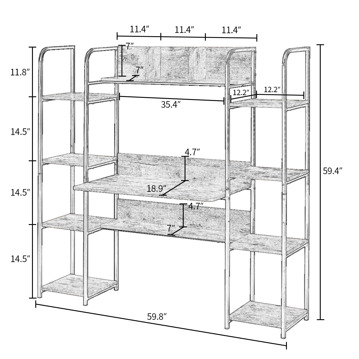 Home Office computer desk with Storage Hutch and double bookcase,  Computer Workstation with Storage Bookshelf(Tiger)