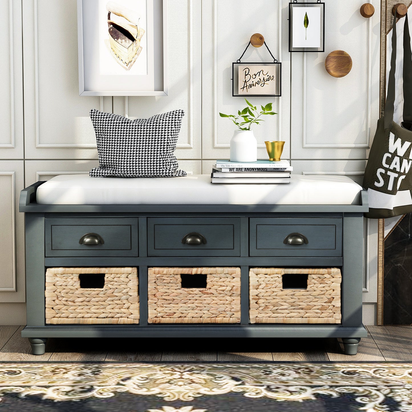 Rustic Storage Bench with 3 Drawers and 3 Rattan Baskets, Shoe Bench for Living Room, Entryway (Antique Navy)
