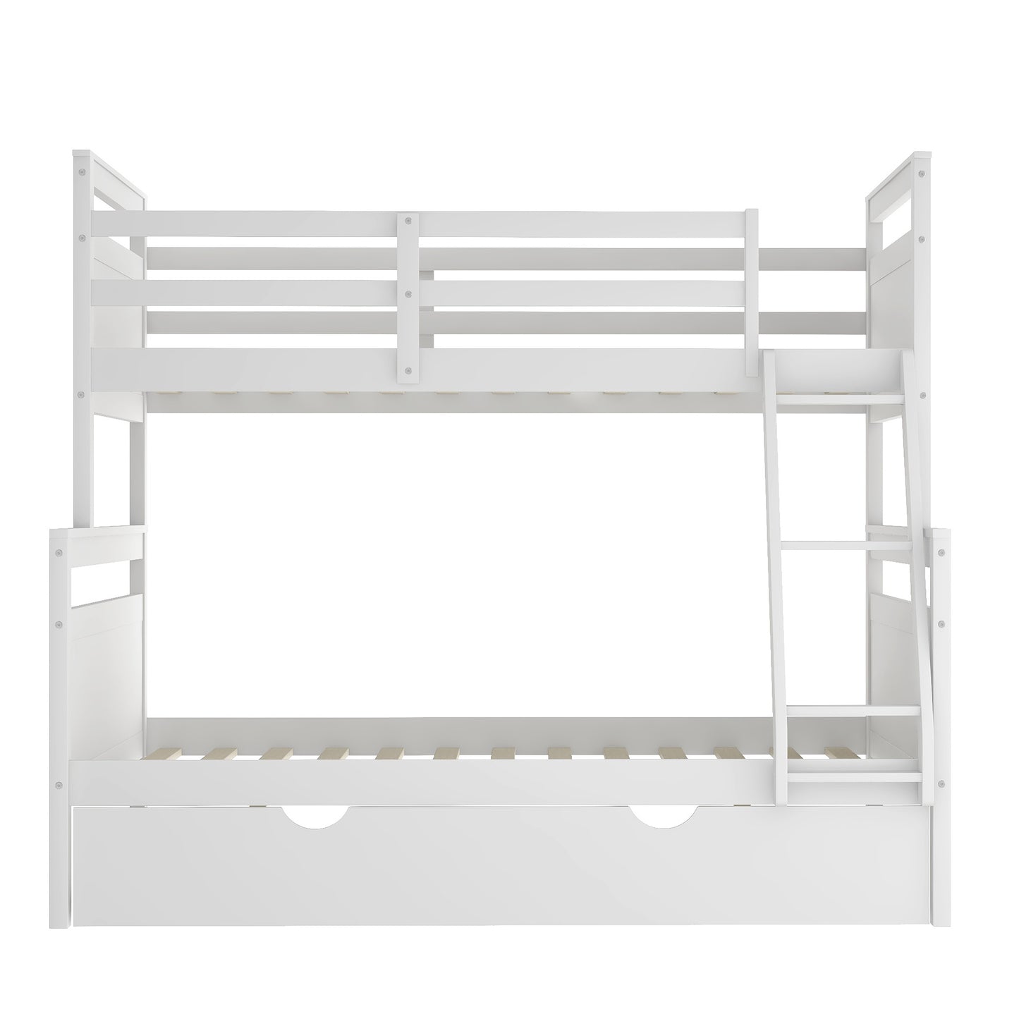 Twin Over Full Bunk Bed with Ladder, Twin Size Trundle, Safety Guardrail, White（New）