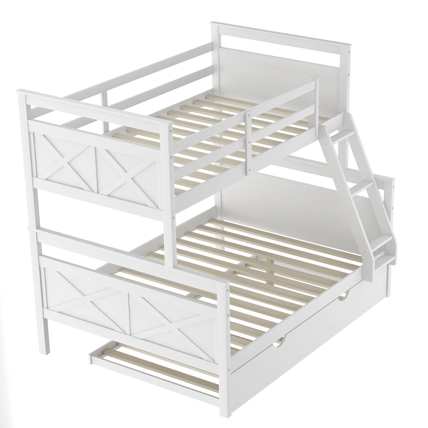 Twin Over Full Bunk Bed with Ladder, Twin Size Trundle, Safety Guardrail, White（New）