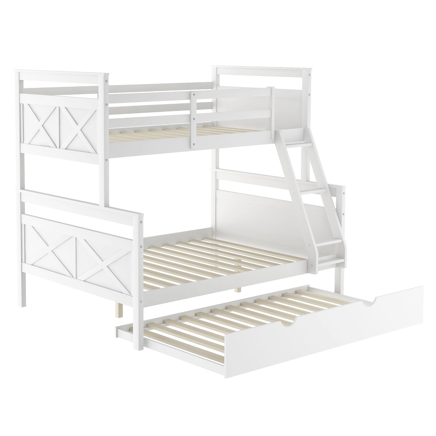 Twin Over Full Bunk Bed with Ladder, Twin Size Trundle, Safety Guardrail, White（New）