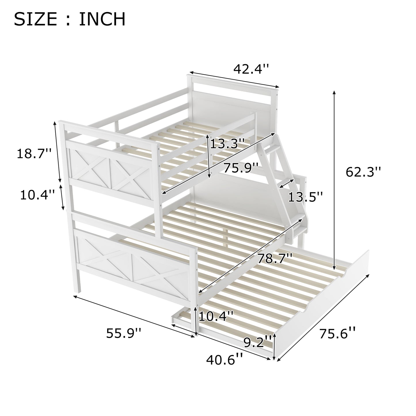 Twin Over Full Bunk Bed with Ladder, Twin Size Trundle, Safety Guardrail, White（New）