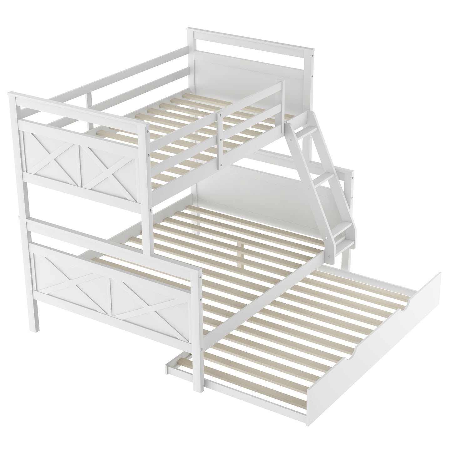 Twin Over Full Bunk Bed with Ladder, Twin Size Trundle, Safety Guardrail, White（New）