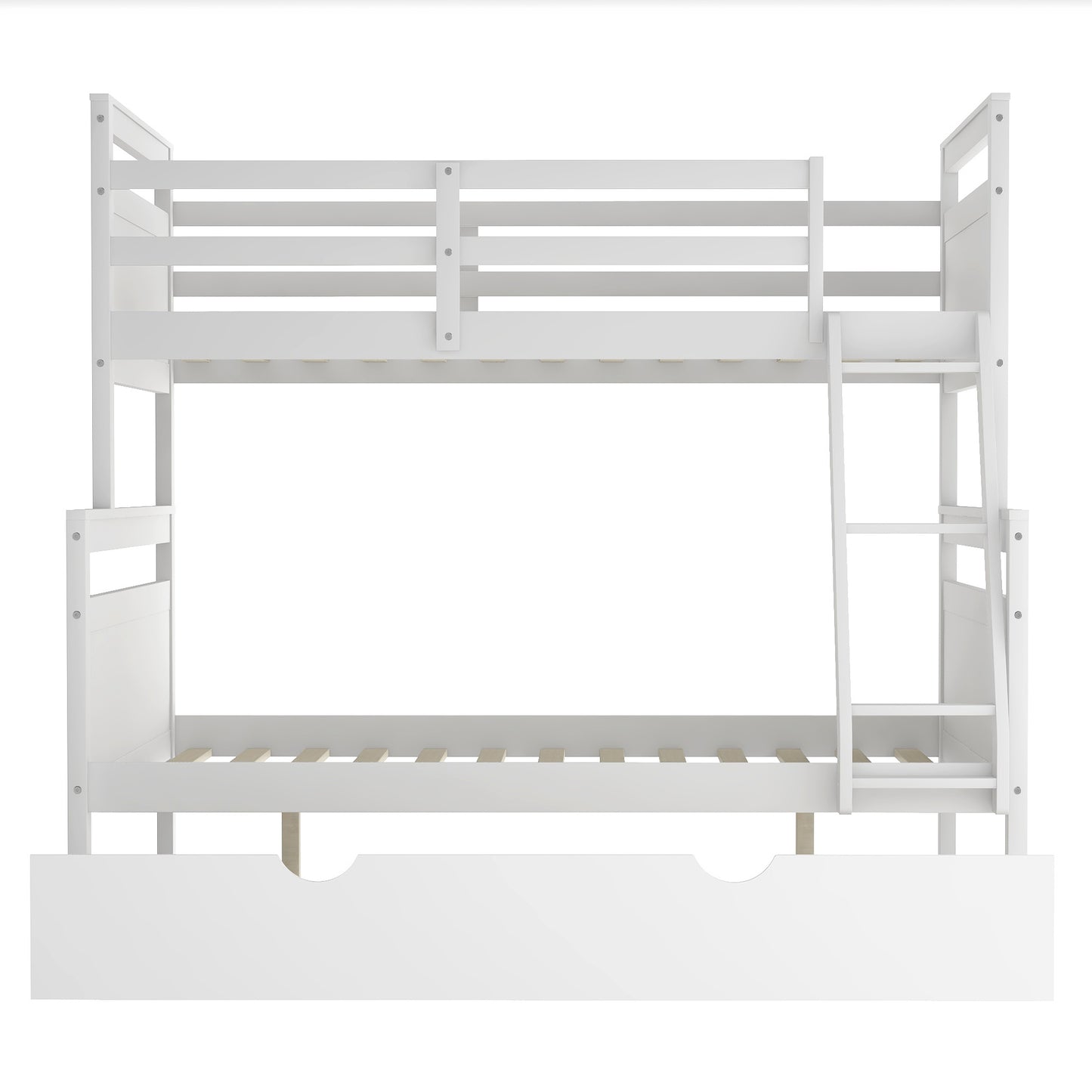 Twin Over Full Bunk Bed with Ladder, Twin Size Trundle, Safety Guardrail, White（New）