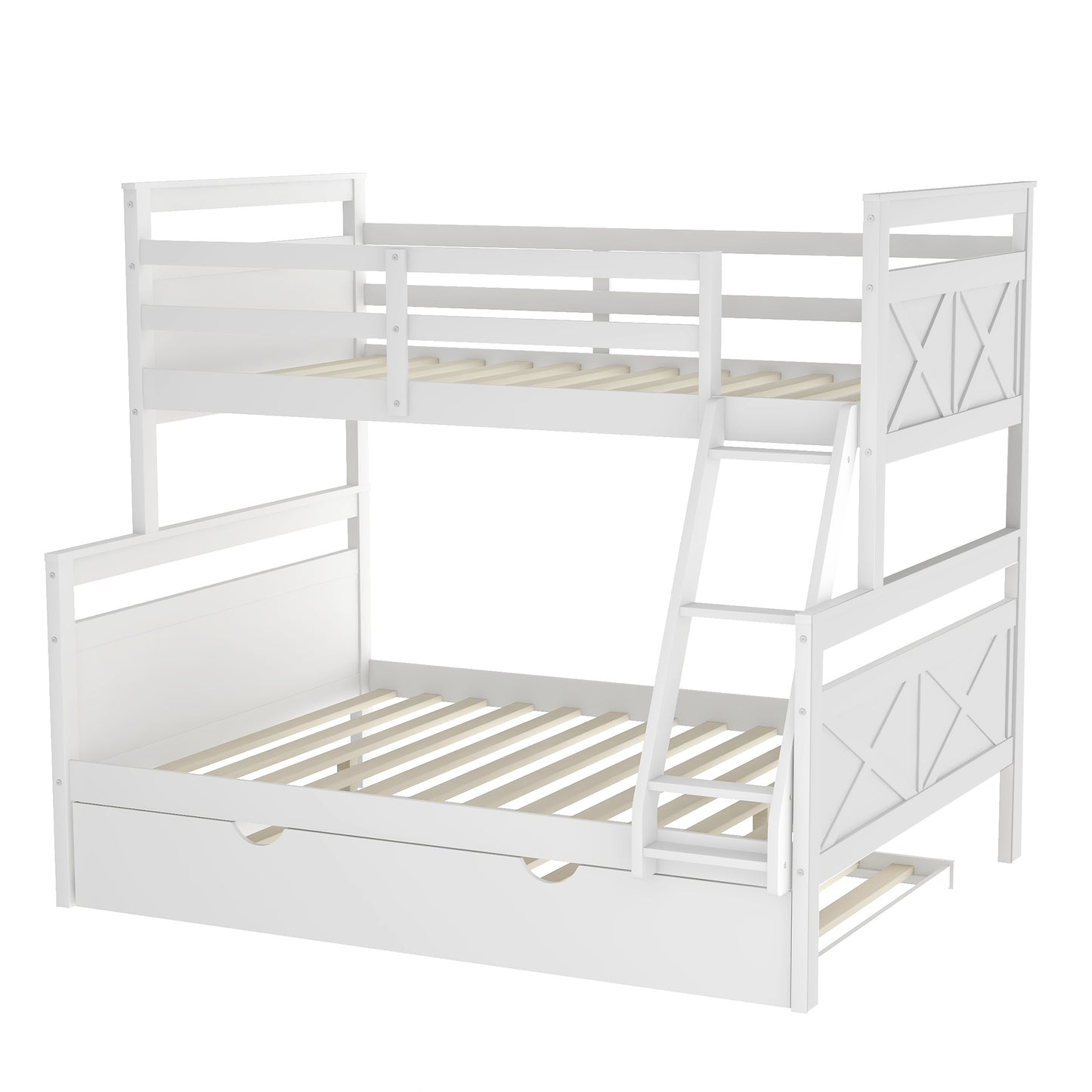 Twin Over Full Bunk Bed with Ladder, Twin Size Trundle, Safety Guardrail, White（New）