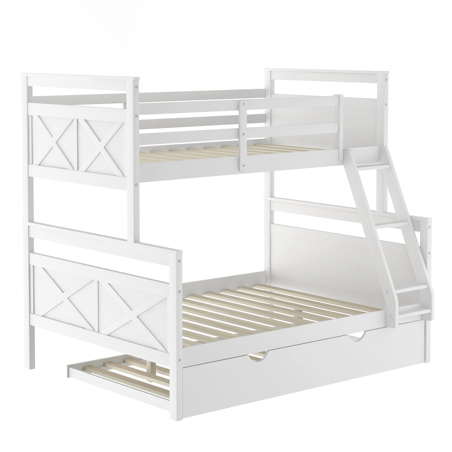 Twin Over Full Bunk Bed with Ladder, Twin Size Trundle, Safety Guardrail, White（New）