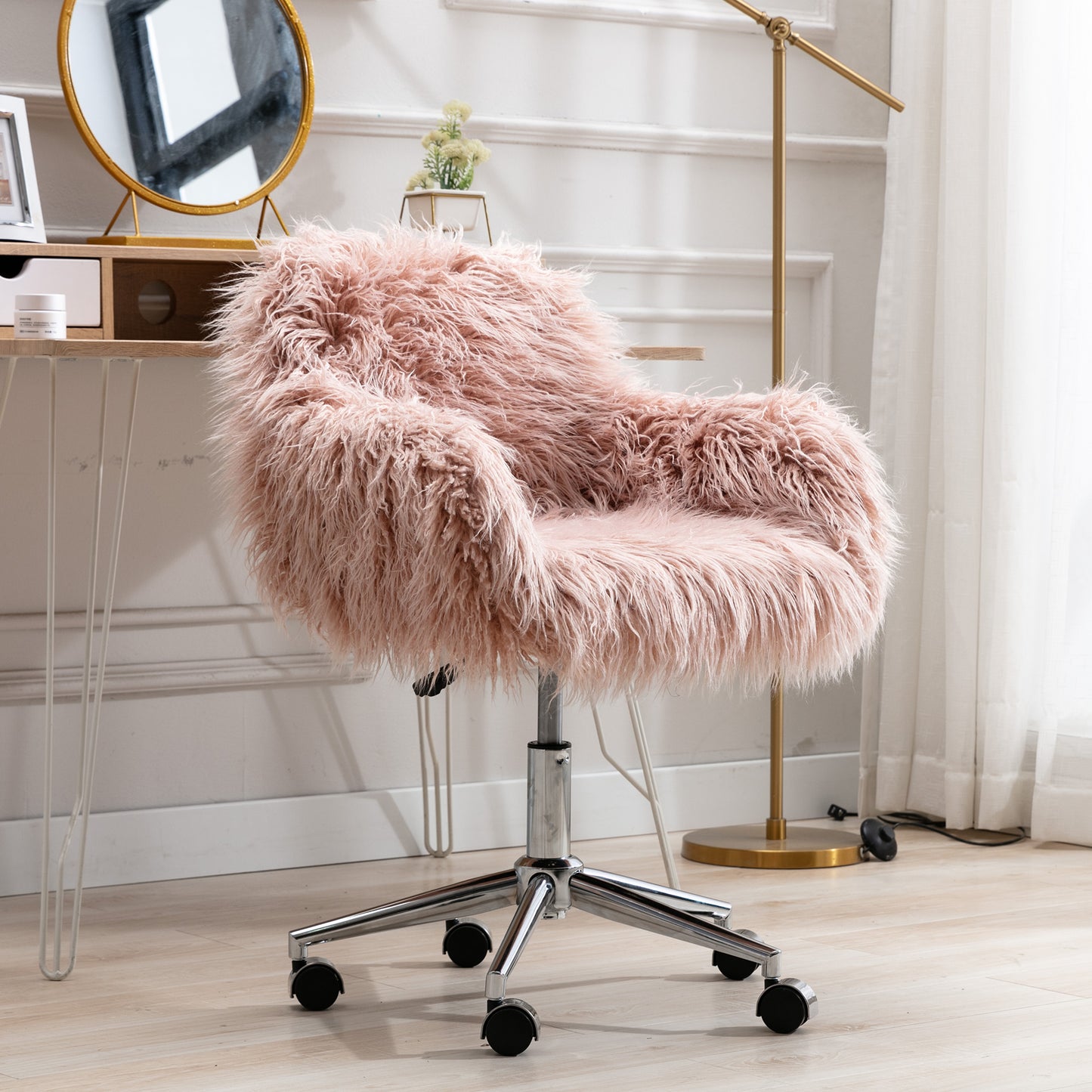 HengMing Modern Faux fur home  office chair, fluffy chair for girls, makeup vanity Chair