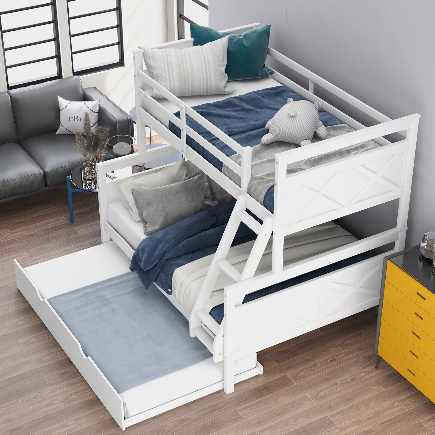 Twin Over Full Bunk Bed with Ladder, Twin Size Trundle, Safety Guardrail, White（New）