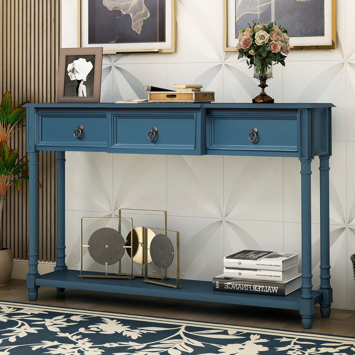 Console Table Sofa Table with Drawers for Entryway with Projecting Drawers and Long Shelf (Antique Navy)