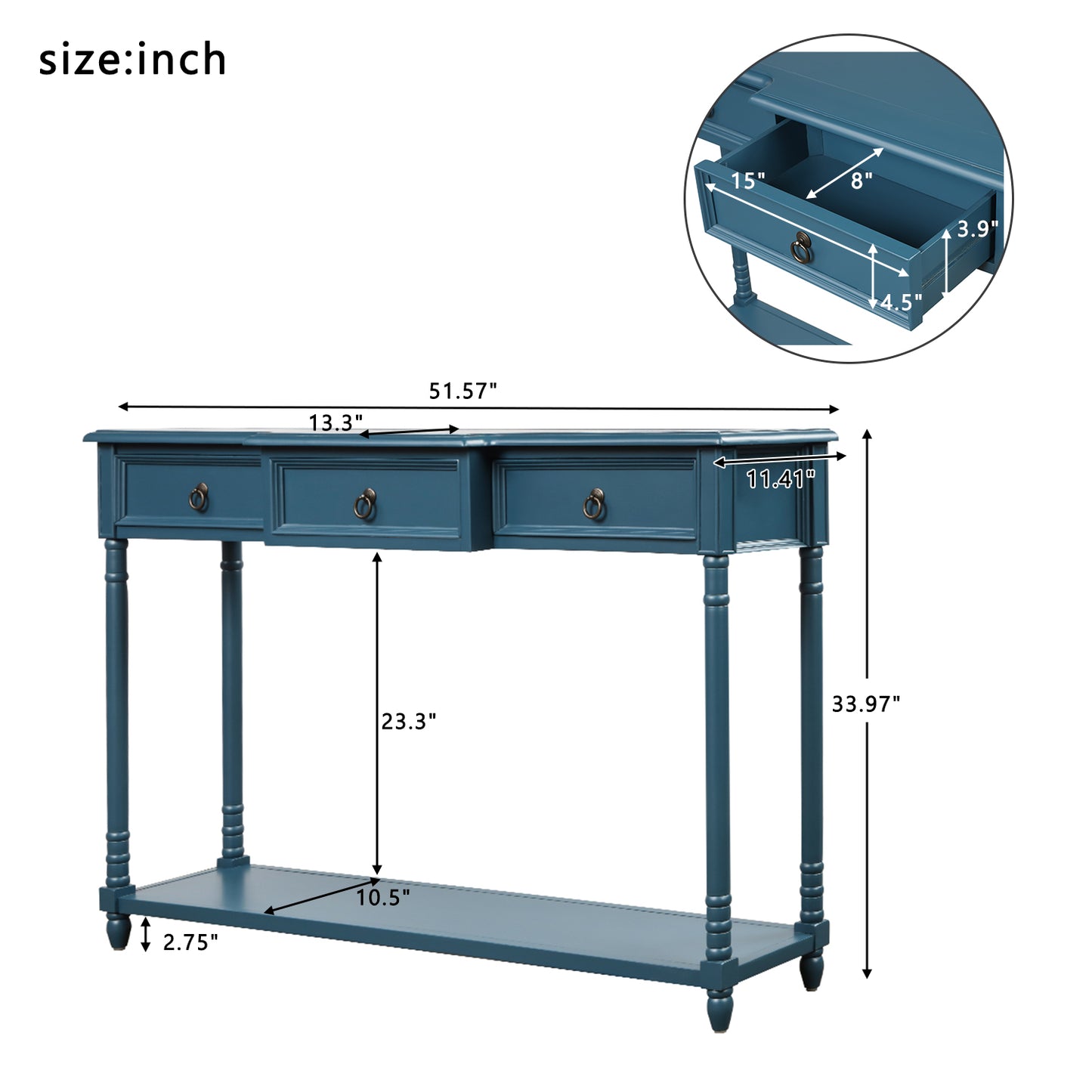 Console Table Sofa Table with Drawers for Entryway with Projecting Drawers and Long Shelf (Antique Navy)