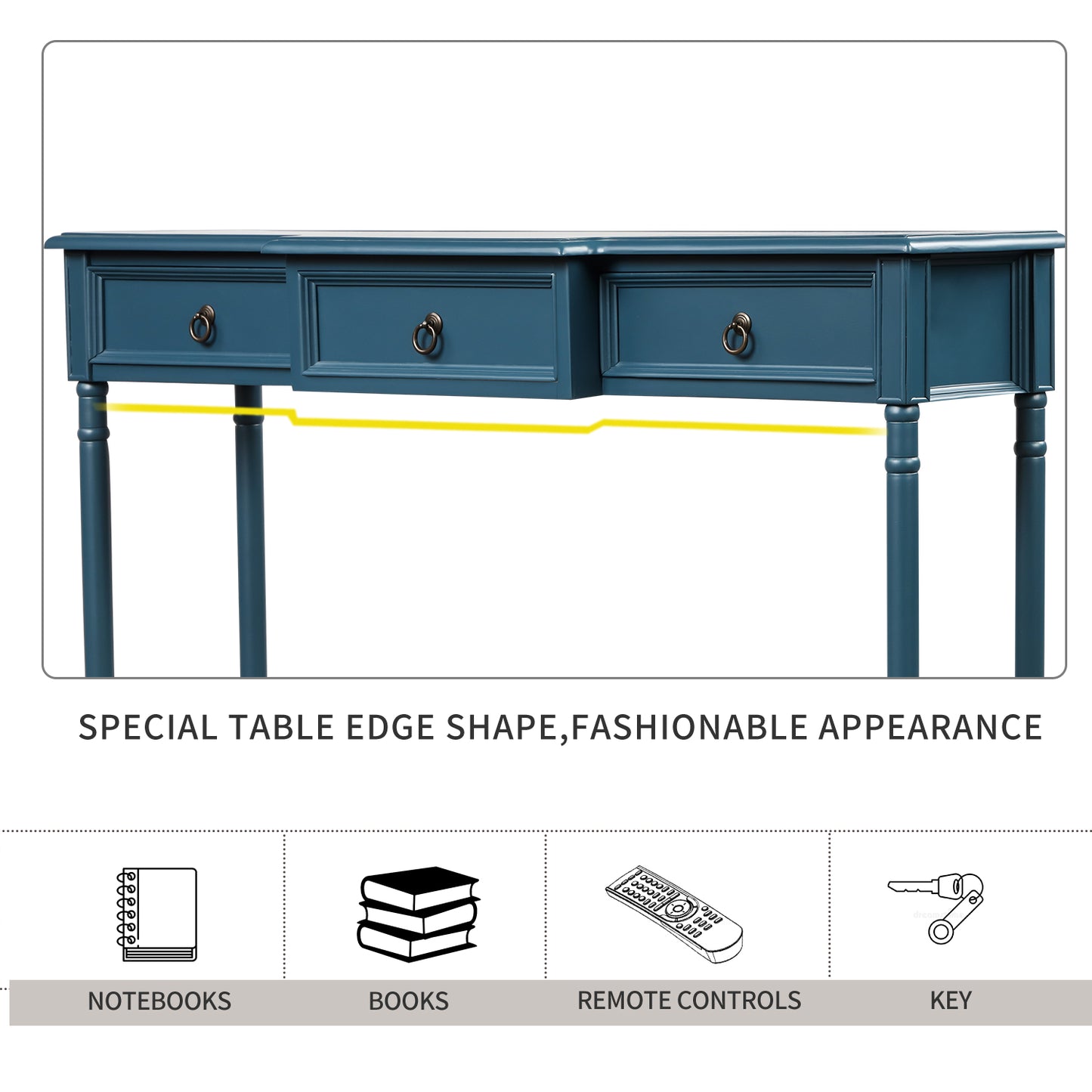 Console Table Sofa Table with Drawers for Entryway with Projecting Drawers and Long Shelf (Antique Navy)