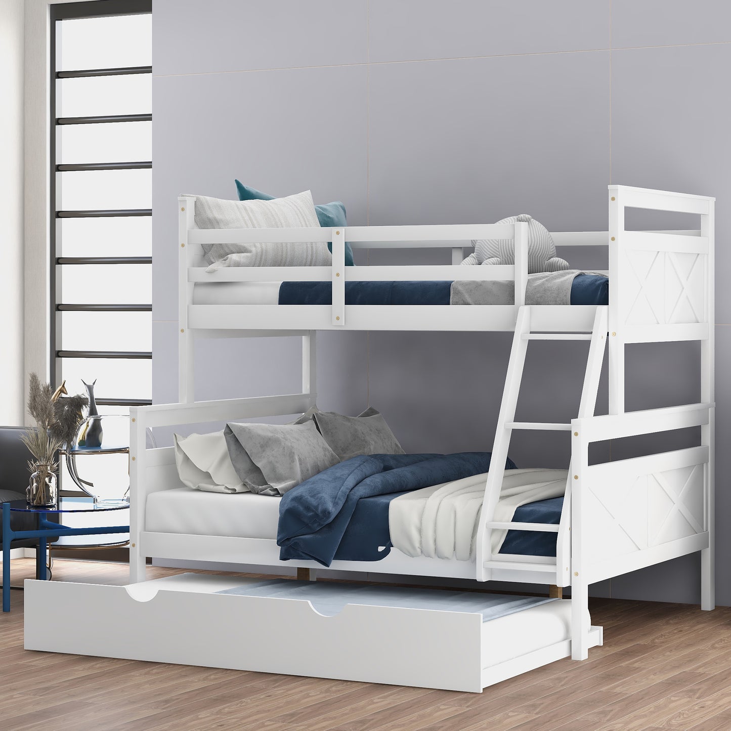 Twin Over Full Bunk Bed with Ladder, Twin Size Trundle, Safety Guardrail, White（New）