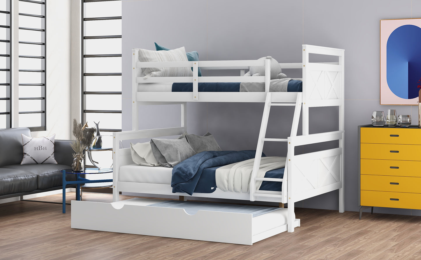 Twin Over Full Bunk Bed with Ladder, Twin Size Trundle, Safety Guardrail, White（New）