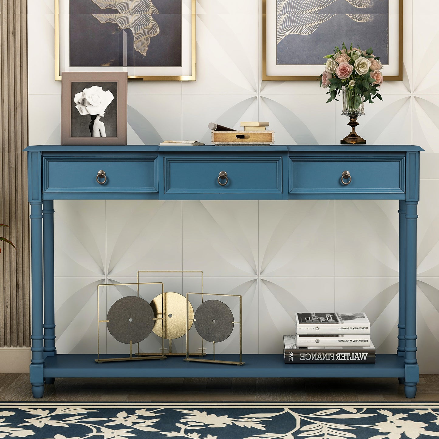 Console Table Sofa Table with Drawers for Entryway with Projecting Drawers and Long Shelf (Antique Navy)