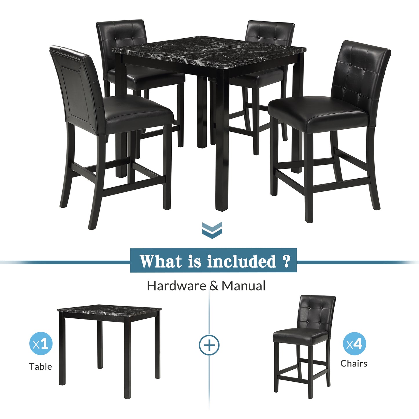 5-Piece Kitchen Table Set Marble Top Counter Height Dining Table Set with 4 Leather-Upholstered Chairs (Black)