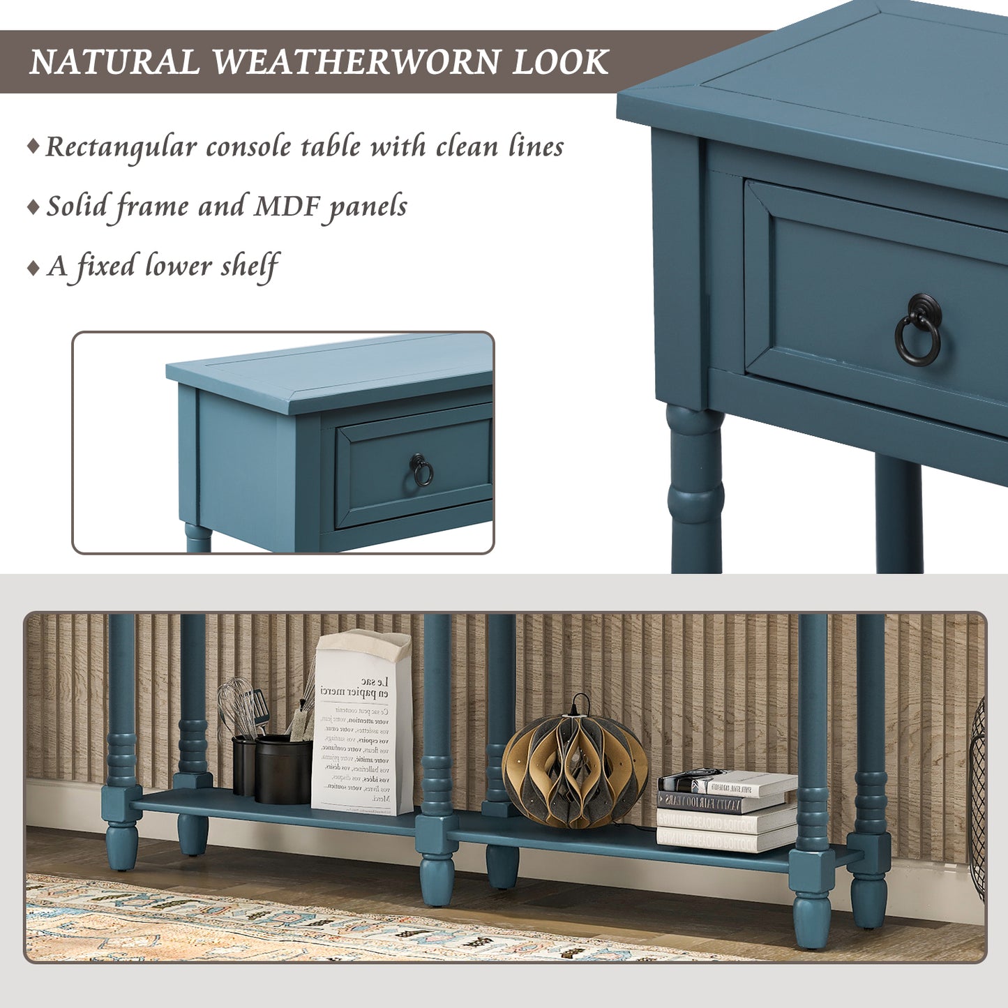 Console Table Sofa Table with Drawers and Long Shelf Rectangular Living Room Table Solid Wood (Antique Navy)