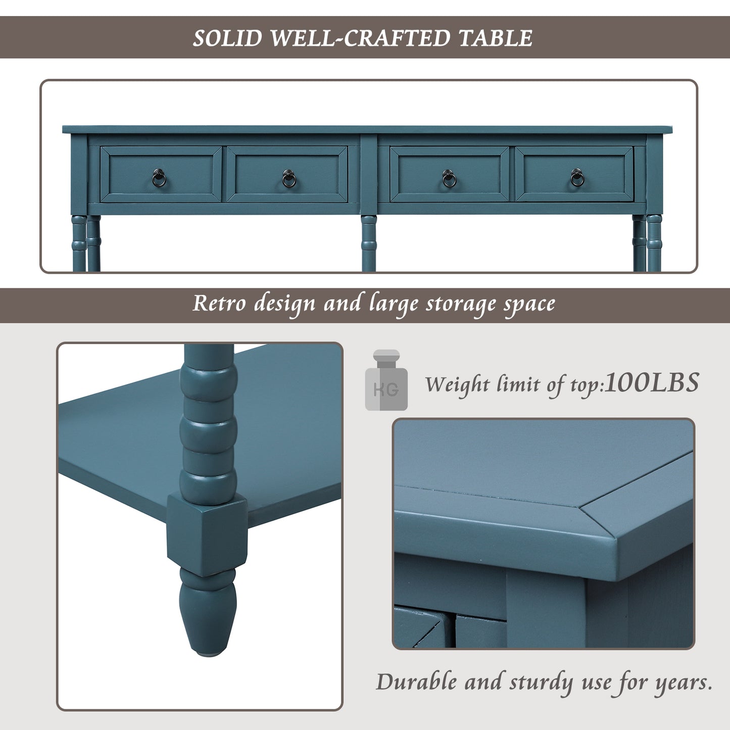 Console Table Sofa Table with Drawers and Long Shelf Rectangular Living Room Table Solid Wood (Antique Navy)