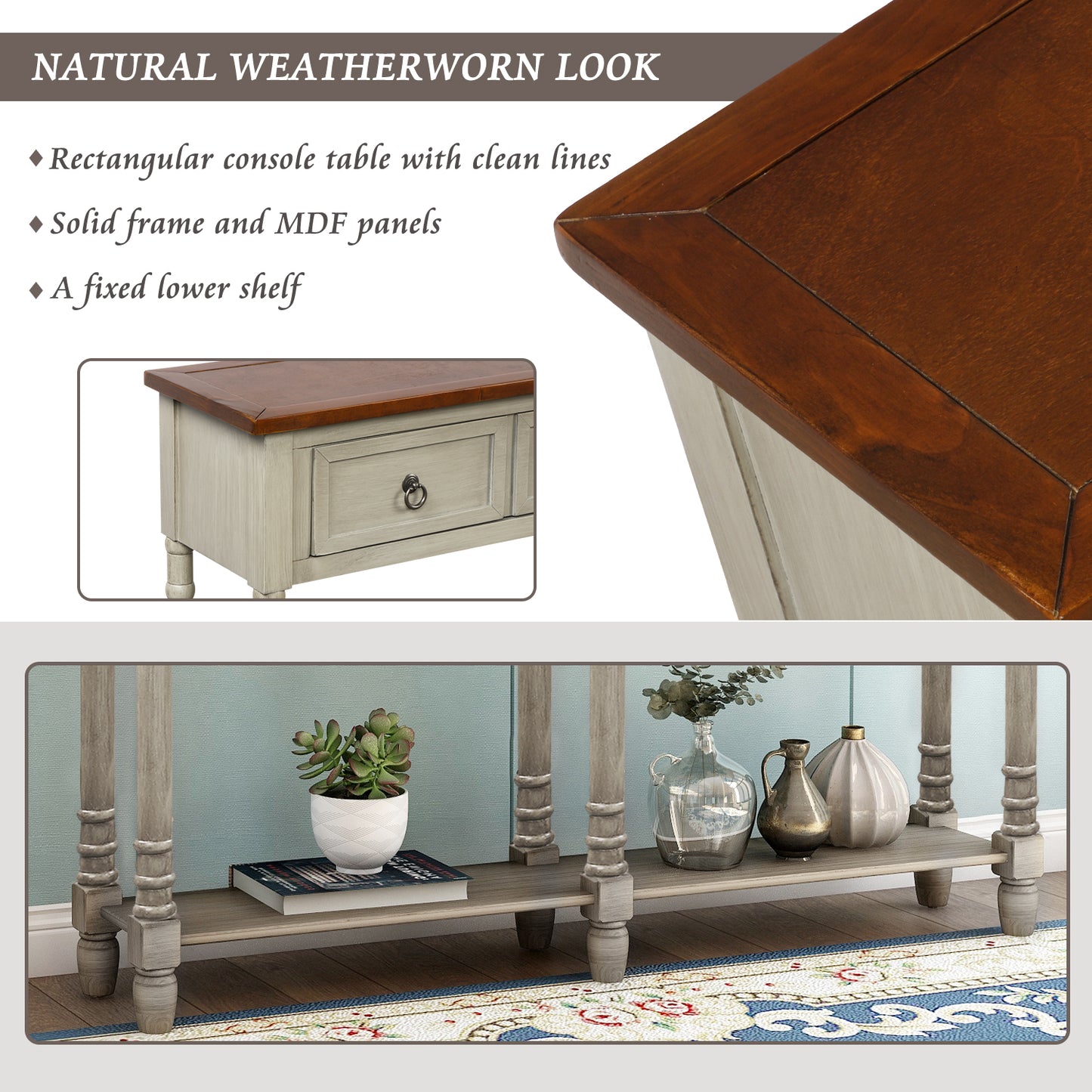 Console Table Sofa Table with Storage for Entryway with Drawers and Shelf (Antique Grey)