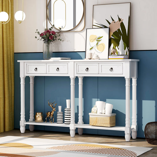 Console Table Sofa Table with Drawers and Long Shelf Rectangular Living Room Table Solid Wood (Antique White)