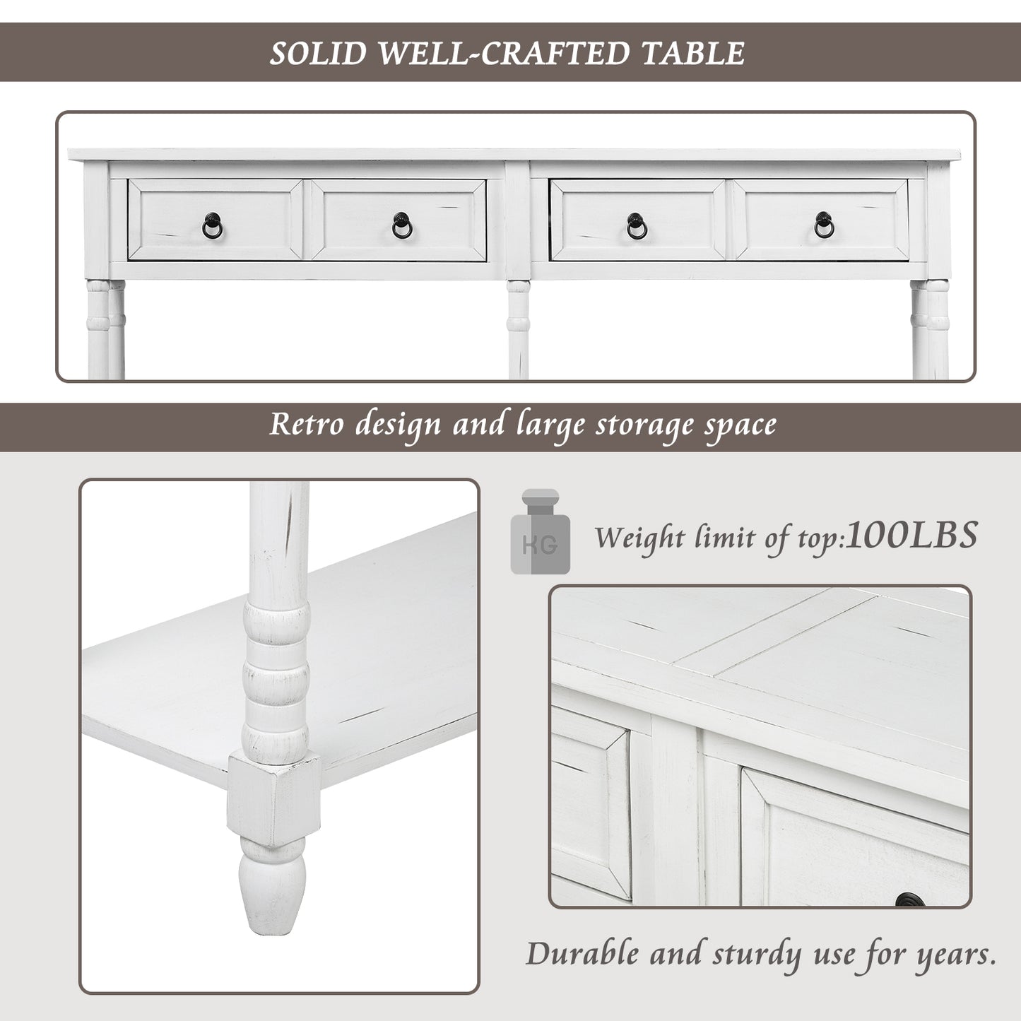 Console Table Sofa Table with Drawers and Long Shelf Rectangular Living Room Table Solid Wood (Antique White)