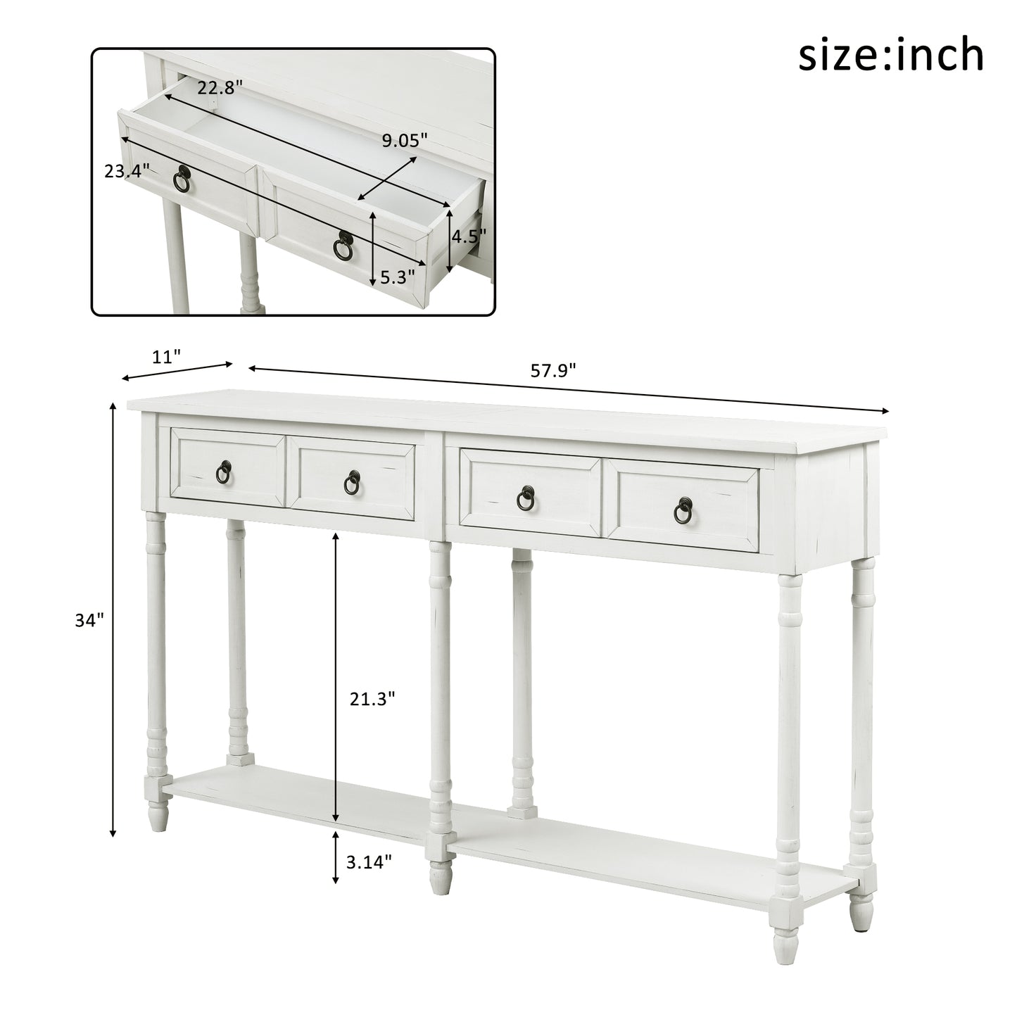 Console Table Sofa Table with Drawers and Long Shelf Rectangular Living Room Table Solid Wood (Antique White)