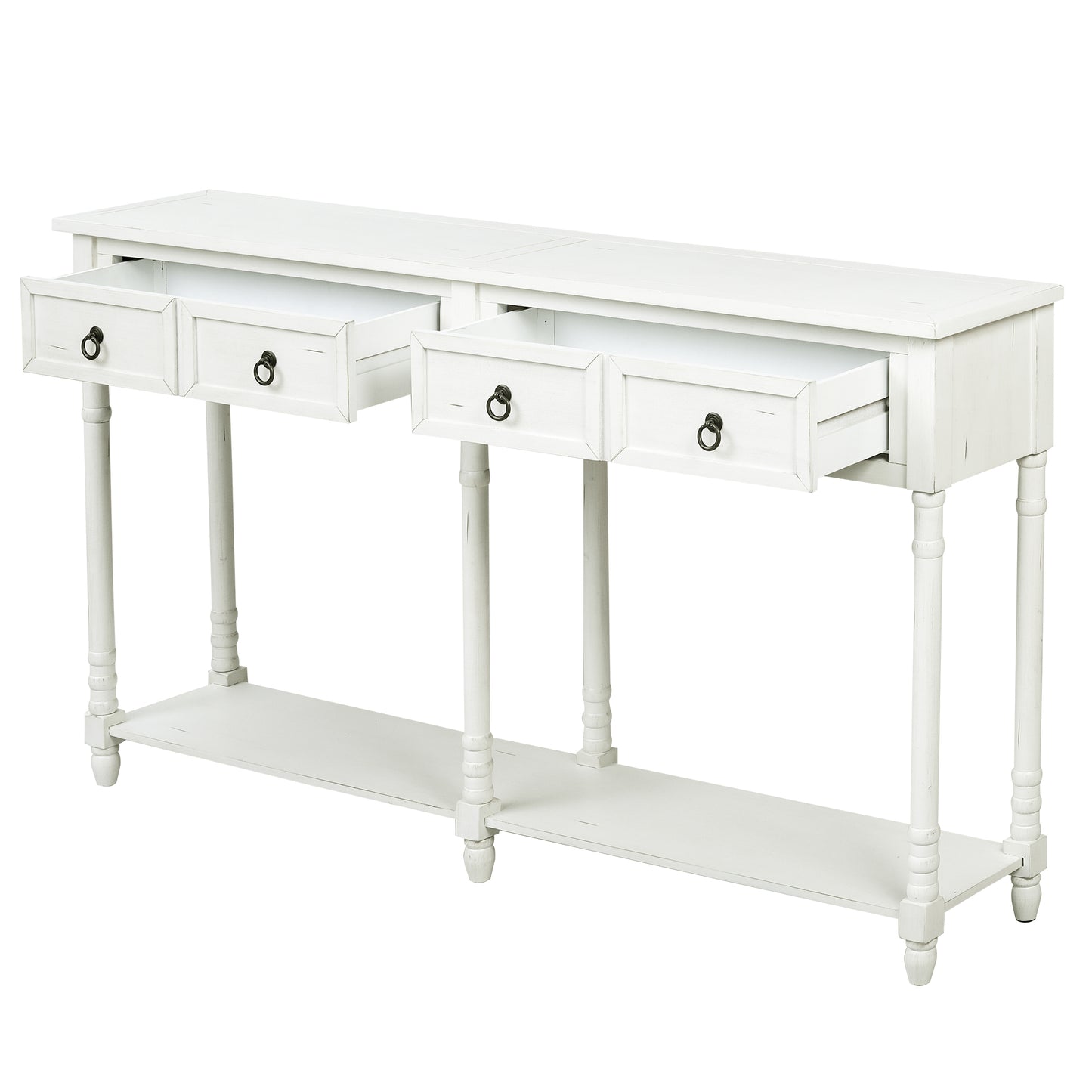 Console Table Sofa Table with Drawers and Long Shelf Rectangular Living Room Table Solid Wood (Antique White)