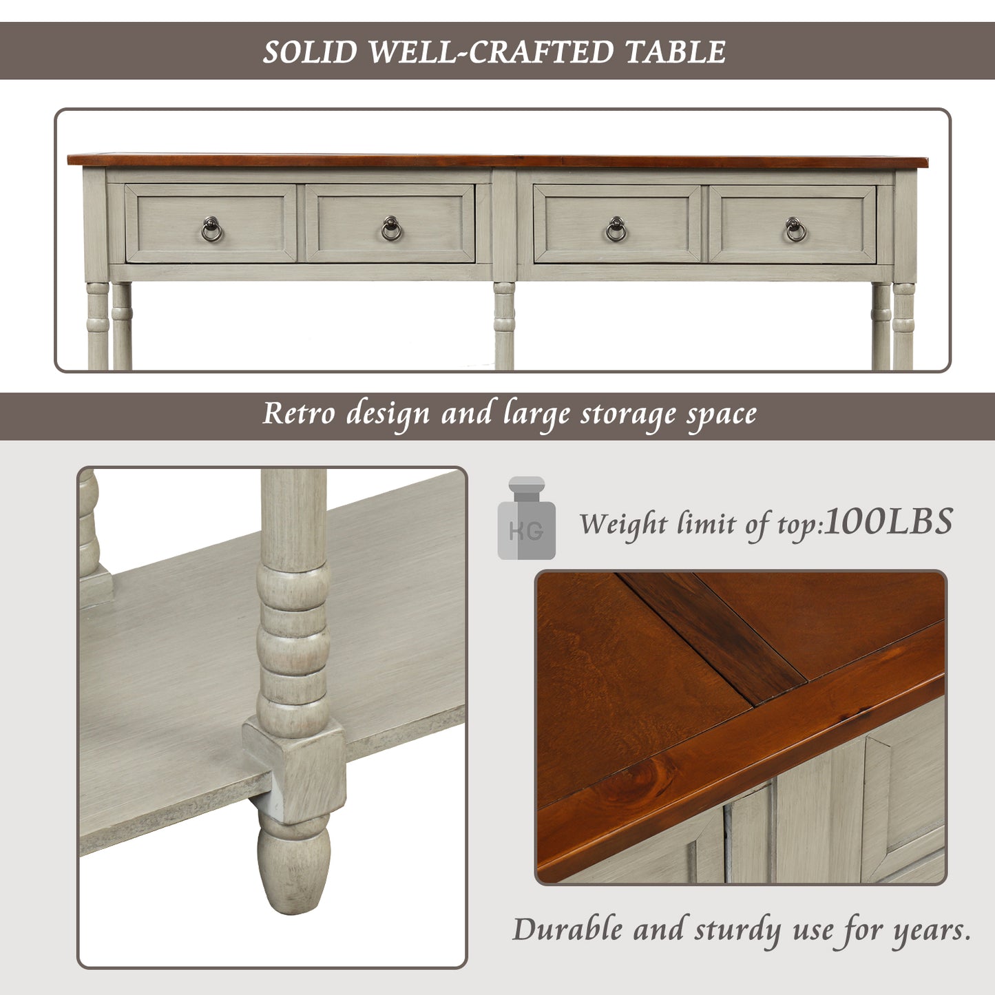 Console Table Sofa Table with Storage for Entryway with Drawers and Shelf (Antique Grey)