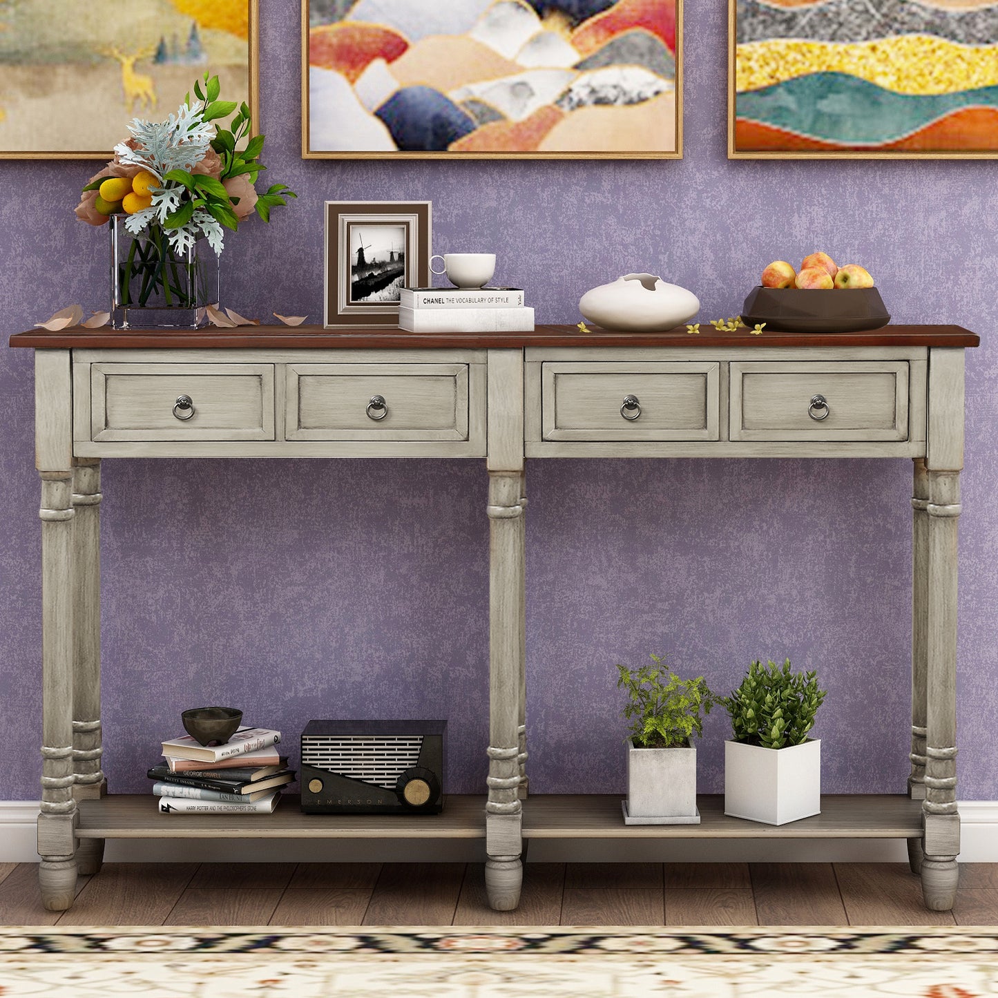 Console Table Sofa Table with Storage for Entryway with Drawers and Shelf (Antique Grey)