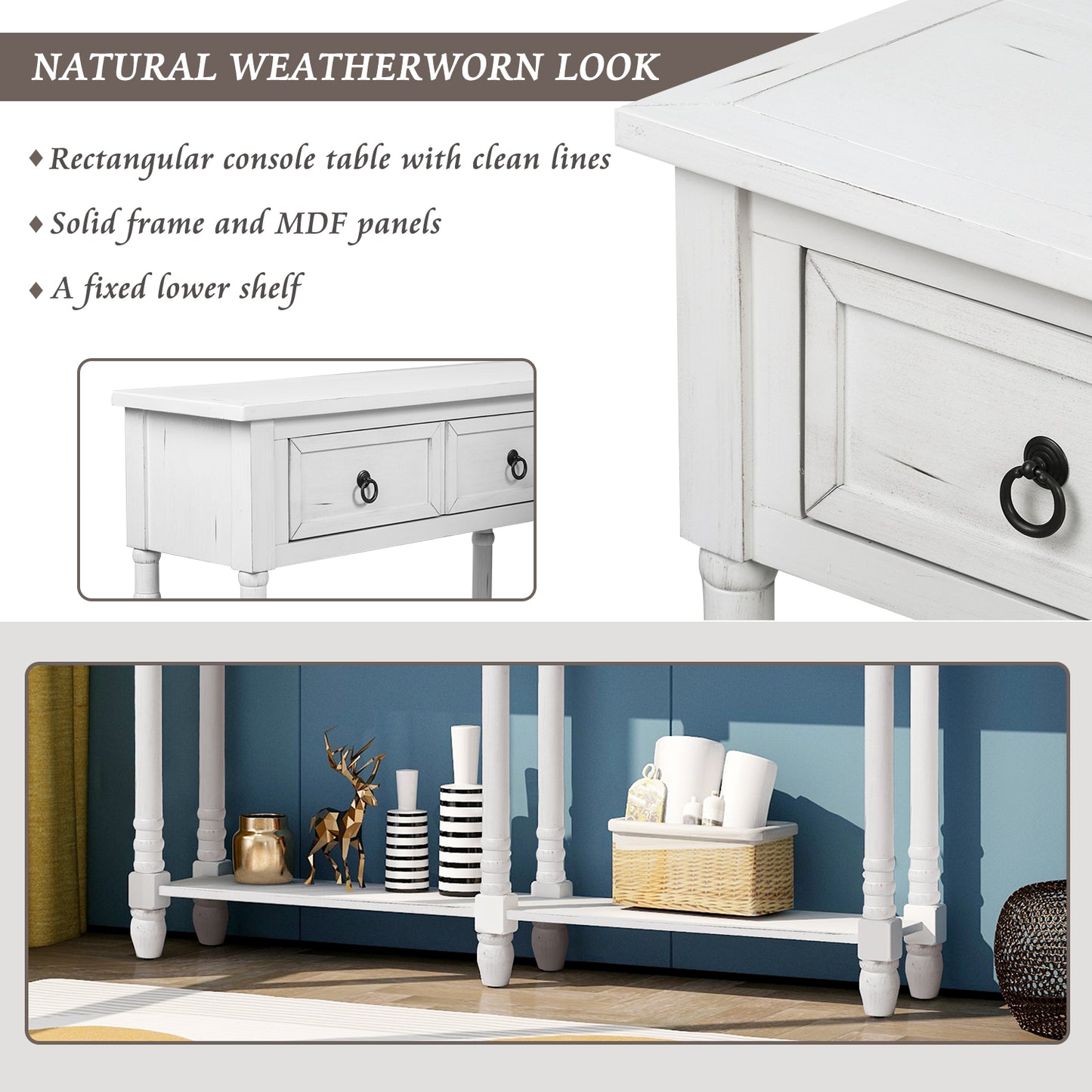 Console Table Sofa Table with Drawers and Long Shelf Rectangular Living Room Table Solid Wood (Antique White)