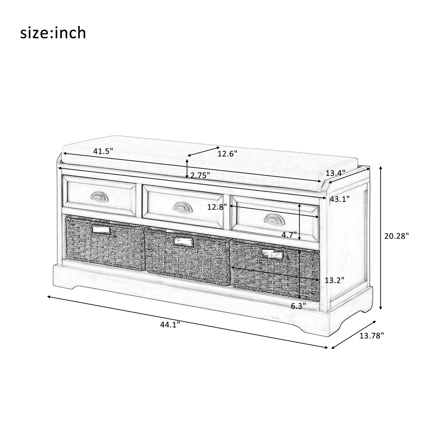 Homes Collection Wood Storage Bench with 3 Drawers and 3 Baskets