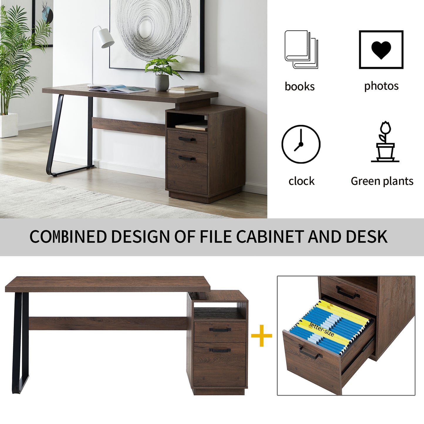 Home Office Computer Desk with drawers/hanging letter-size files/65 inch Writing Study Table with Drawers