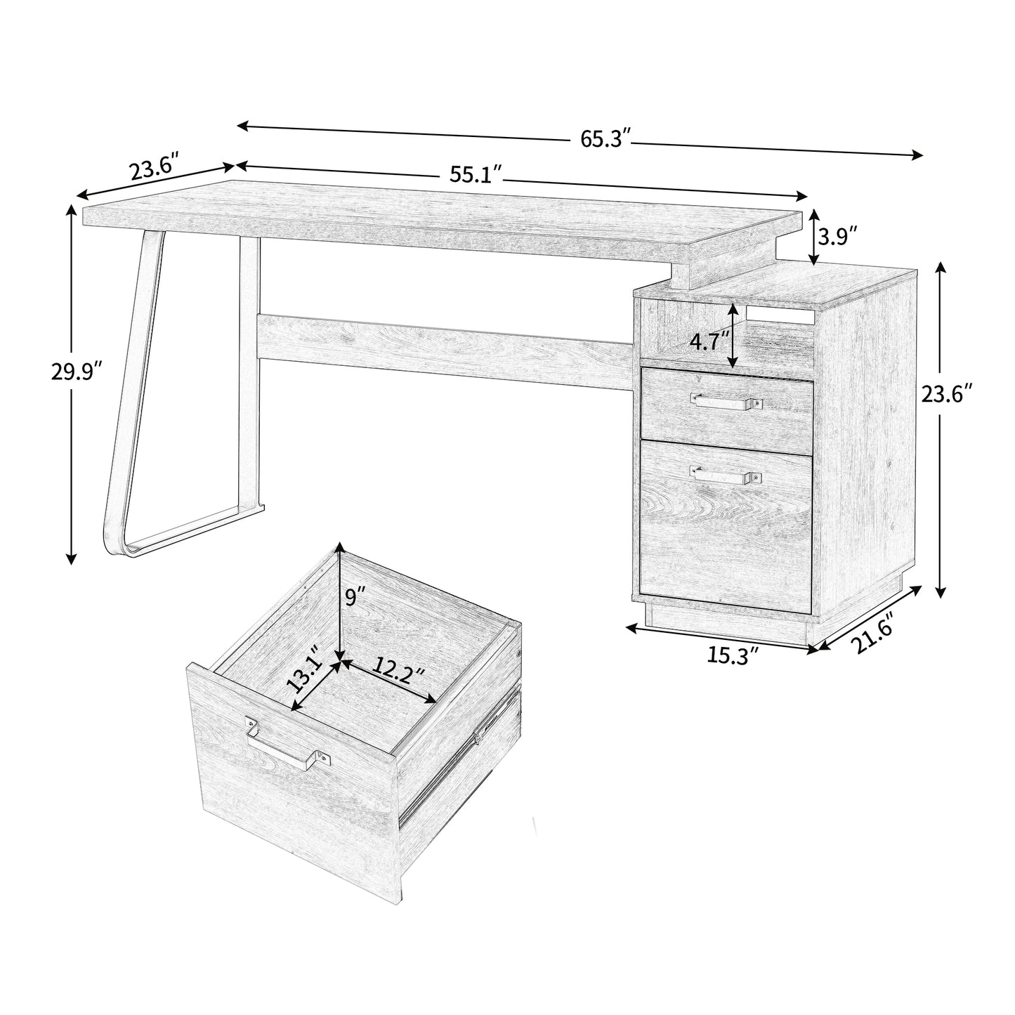 Home Office Computer Desk with drawers/hanging letter-size files/65 inch Writing Study Table with Drawers