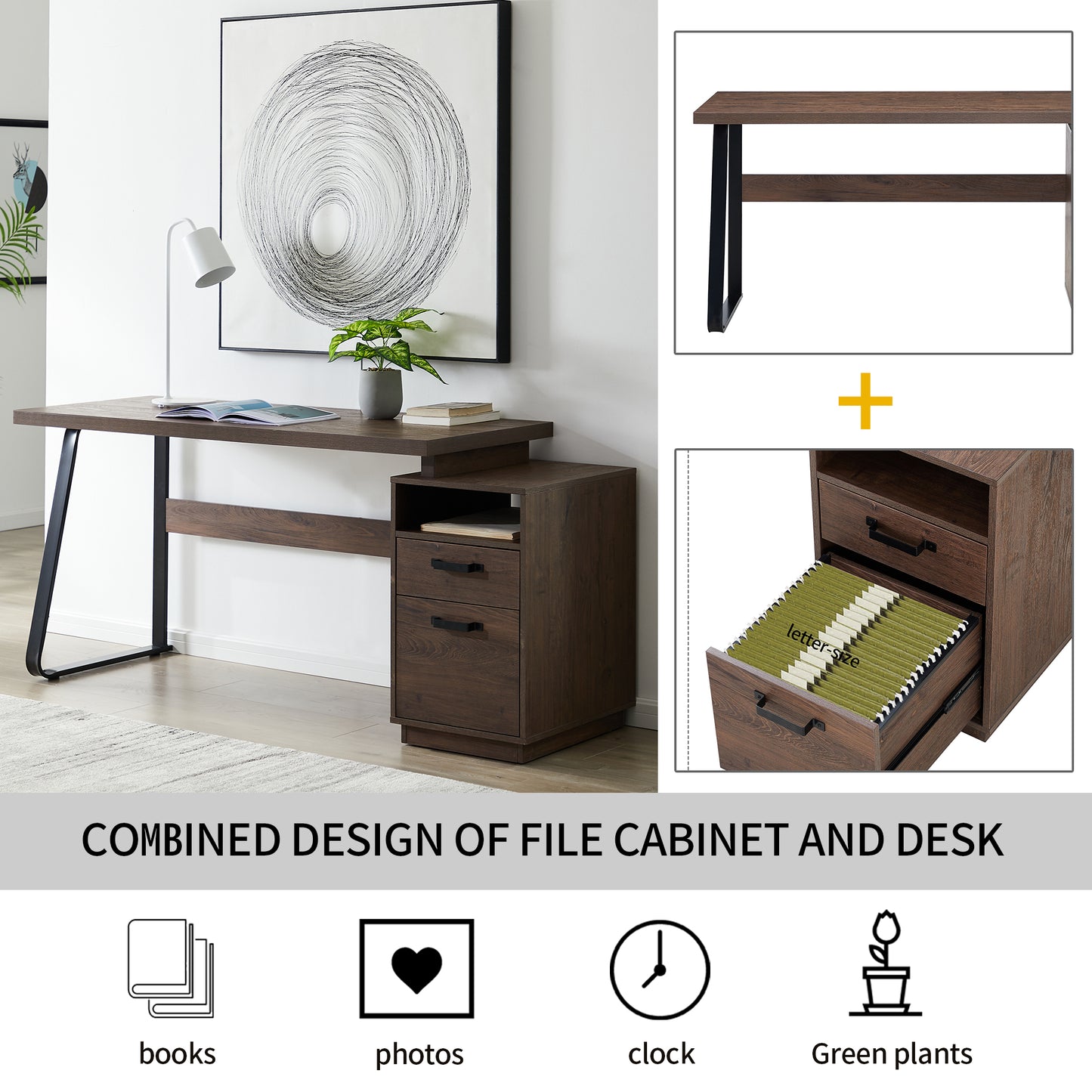 Home Office Computer Desk with drawers/hanging letter-size files/65 inch Writing Study Table with Drawers