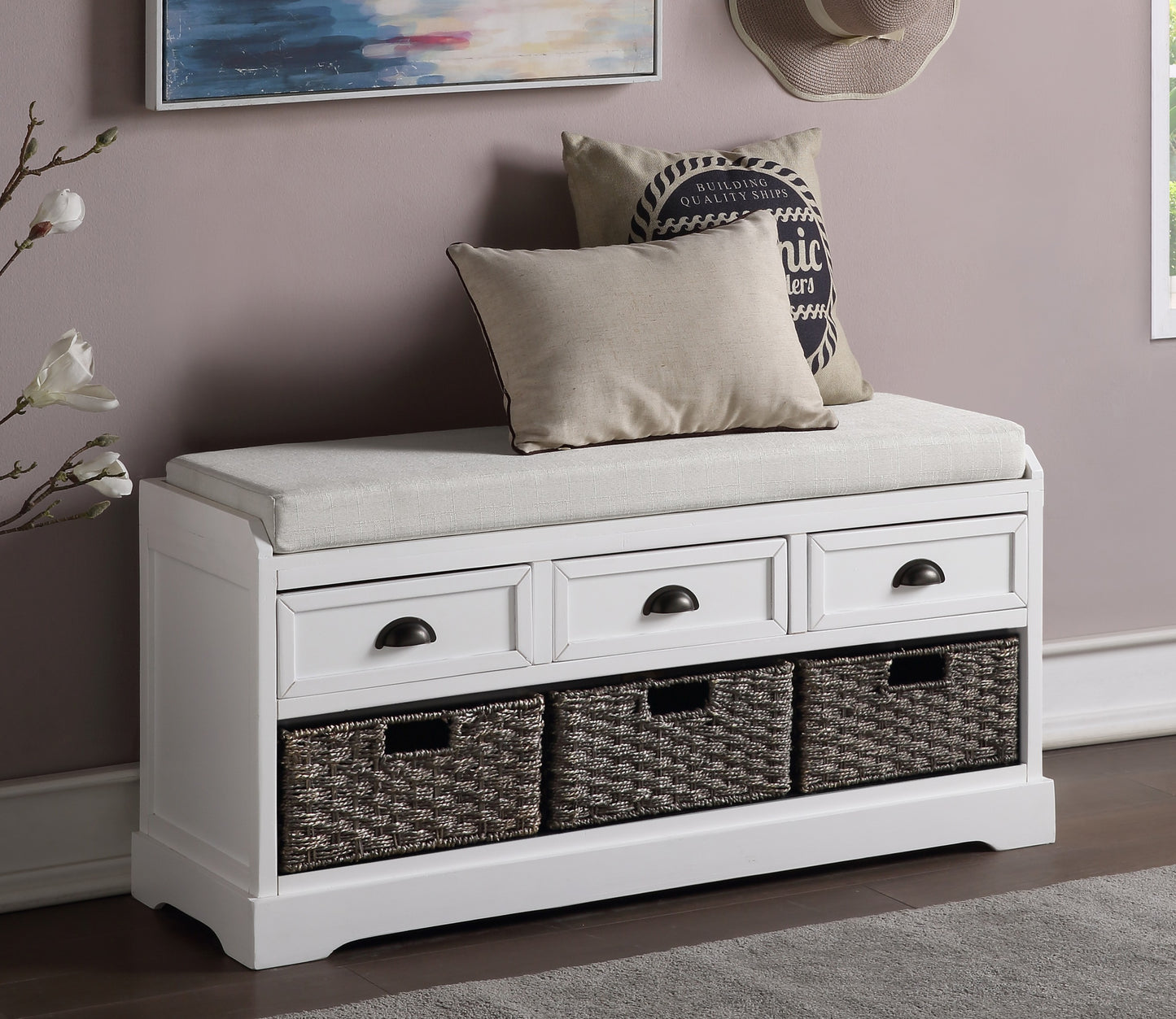 Homes Collection Wood Storage Bench with 3 Drawers and 3 Baskets