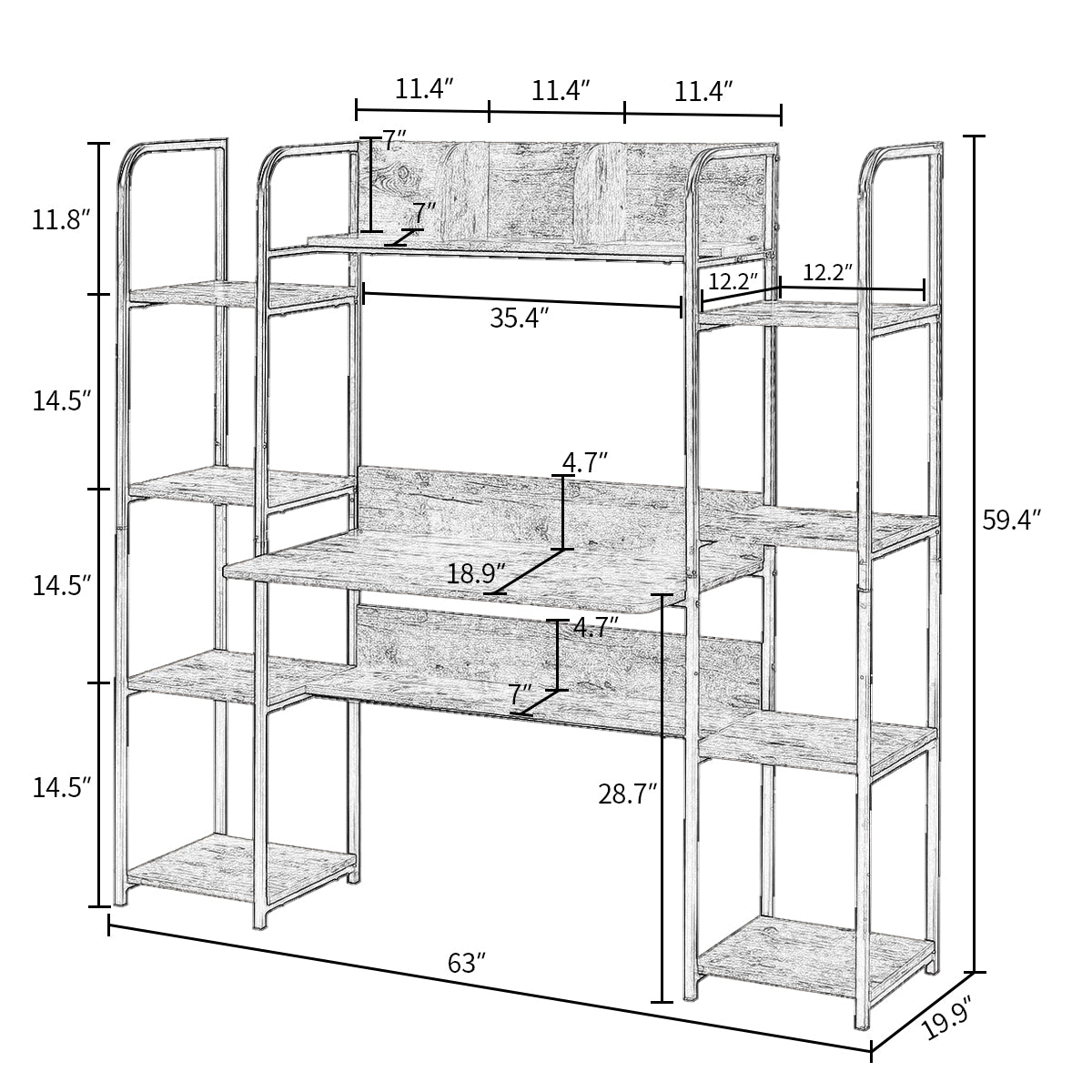 Home Office computer desk with Storage Hutch and double bookcase,  Computer Workstation with Storage Bookshelf(Tiger)