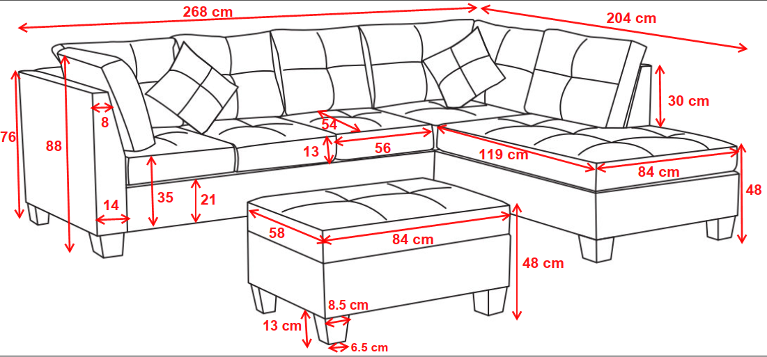 Sectional Sofa Set  for Living Room  with  Right Hand Chaise Lounge and Storage Ottoman  (Dark Grey)