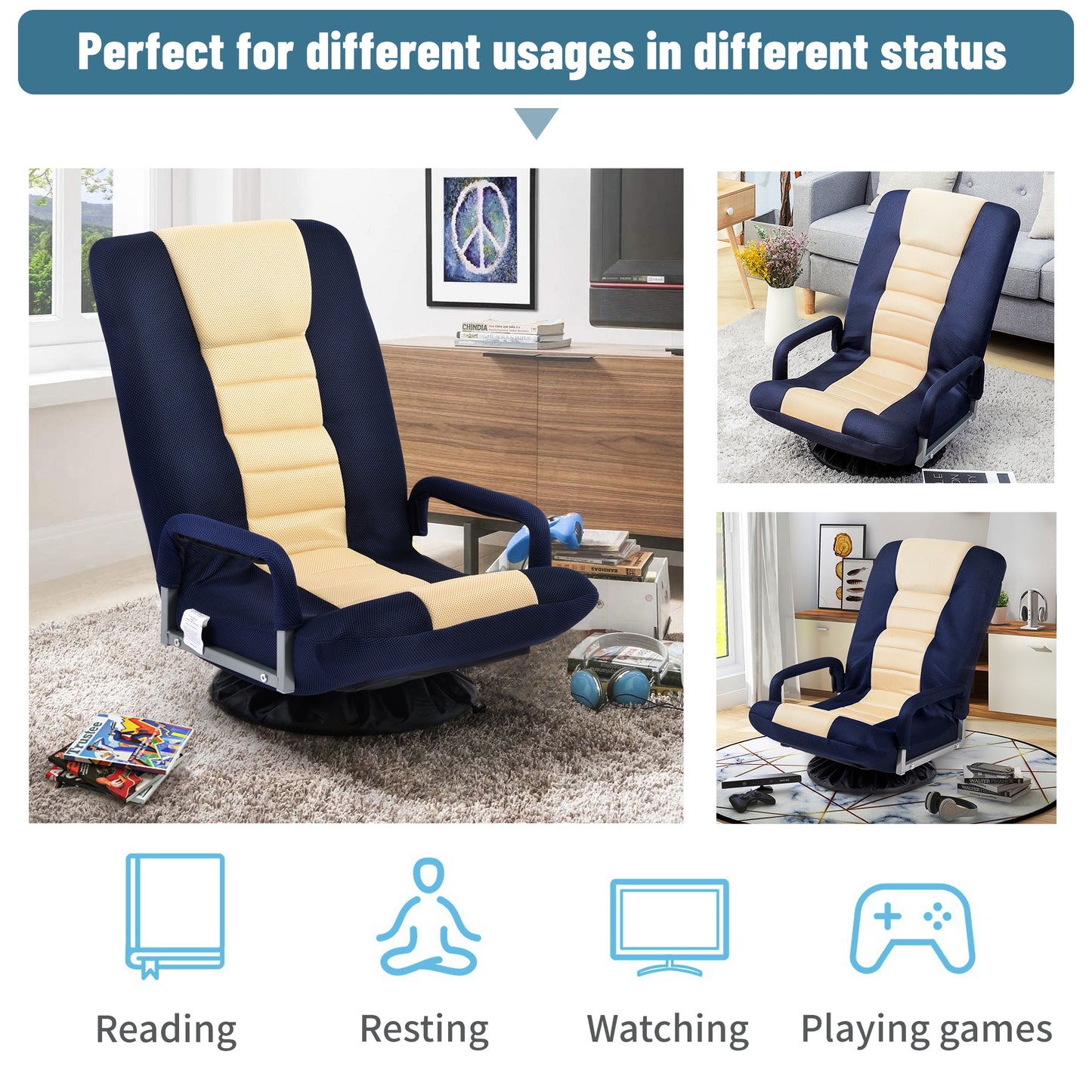 Swivel Video Rocker Gaming Chair Adjustable 7-Position Floor Chair Folding Sofa Lounger,Blue+Beige