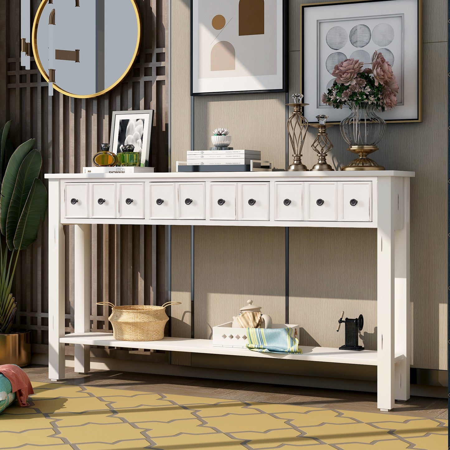 Rustic Entryway Console Table,  Long with two Different Size Drawers and Bottom Shelf for Storage (Antique White)