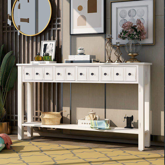 Rustic Entryway Console Table,  Long with two Different Size Drawers and Bottom Shelf for Storage (Antique White)