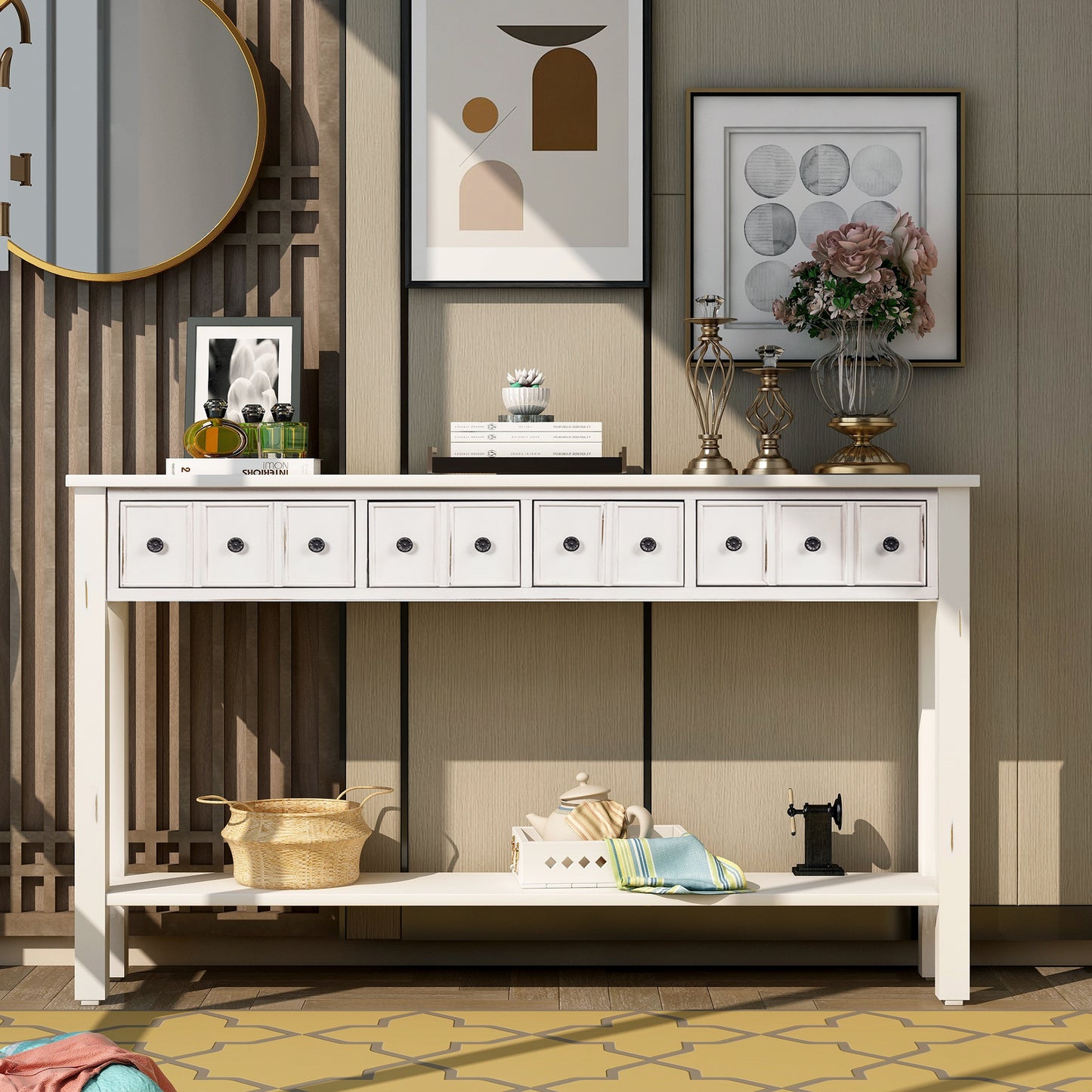 Rustic Entryway Console Table,  Long with two Different Size Drawers and Bottom Shelf for Storage (Antique White)