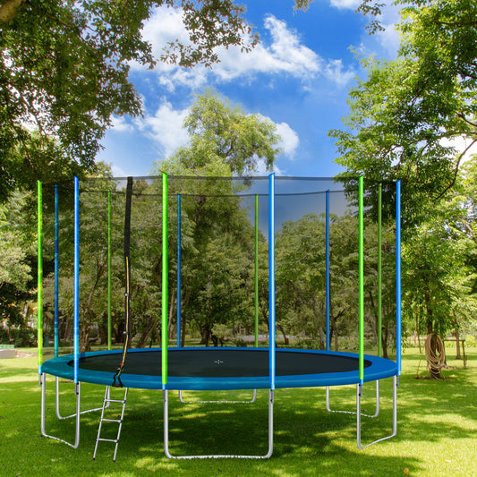 16FT Trampoline for Kids with Safety Enclosure Net, Ladder and 12 Wind Stakes, Round Outdoor Recreational Trampoline